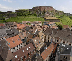 Vue des toits de Belfort et du Lion au loin