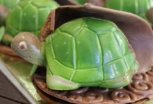 Chocolats Morand. Macarons. Tortue sur feuille
