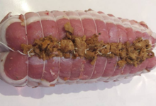 Boucherie Tasse. Roti de veau farci aux girolles